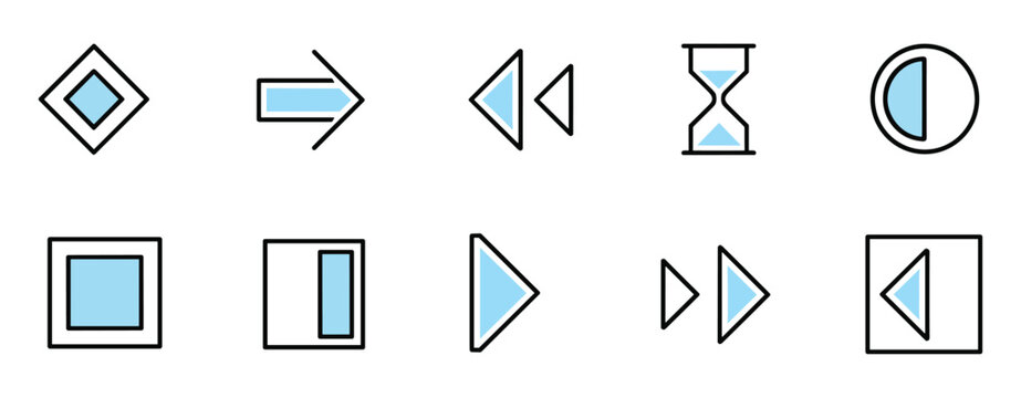 Set of Multimedia and Navigation Icons: A collection of simple, modern icons representing various multimedia controls and navigation elements. Play button, pause symbol, fast forward, rewind.