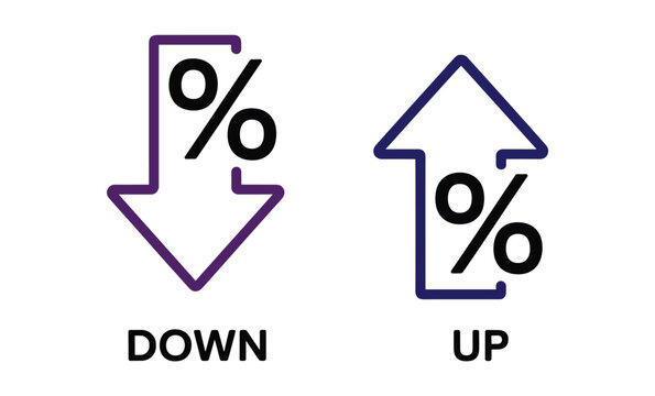 Up and Down Percentage Arrows: Icon depicting upward and downward percentage changes, signifying growth and decline. Up arrow, down arrow, percentage symbol, business finance, graph concept.