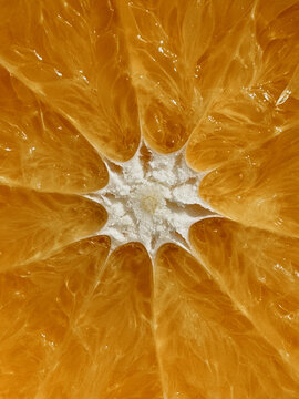Fresh, juicy orange halves rest on a well-worn wooden cutting board, bathed in warm natural light that accentuates the vibrant pulp, glossy juice sacs, and textured rind in a crisp close-up.