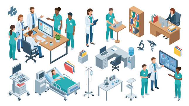detailed illustration of a modern hospital ward with healthcare professionals and medical equipment for patient care