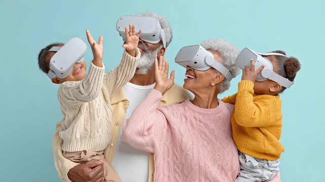 Multi-generational family enjoying virtual reality with grandparents and children against blue background