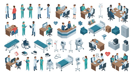 Fototapeta premium Comprehensive Hospital Environment Illustrating Medical Staff, Patients, Equipment and Facilities for Healthcare Settings