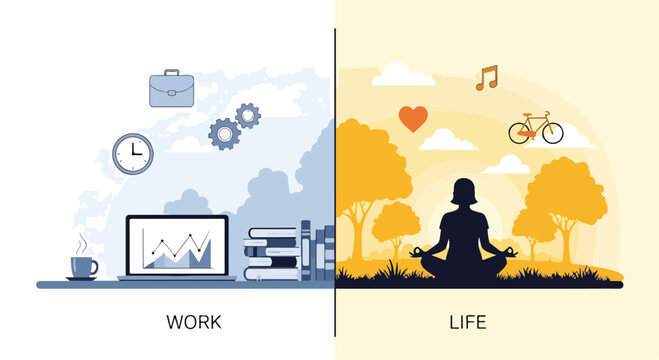 A split illustration comparing work and life