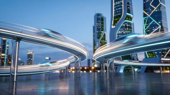 Futuristic city with sleek, high-speed trains on elevated tracks winding through a landscape of modern, illuminated skyscrapers at dusk.