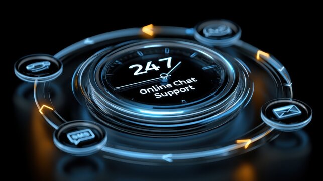 Online chat support button showing 24/7 availability with communication icons and digital design details