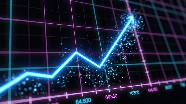 Graph line bouncing close-up chart view with glowing grid, upward trend and particle trail for financial recovery, market growth, investment signal, trading optimism, and business presentation media
