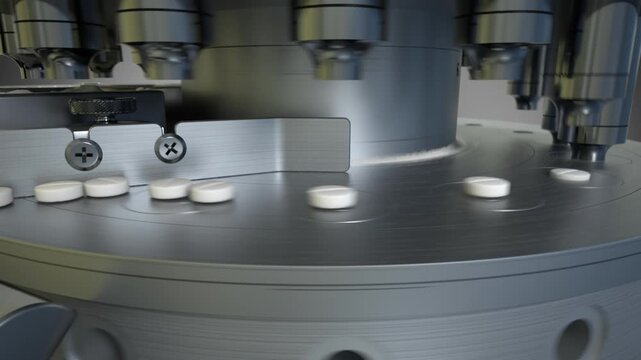 Medical pill manufacturing, Rotary Pill Press -- a slow camera pull-out showing the moving machinery of a rotary pill press and the creation of medicine tablets.