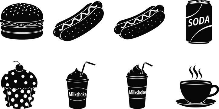 Silhouettes of fast food and beverages, hamburger, hot dogs, soda, milkshakes, cupcake, coffee artwork, creative vector illustration