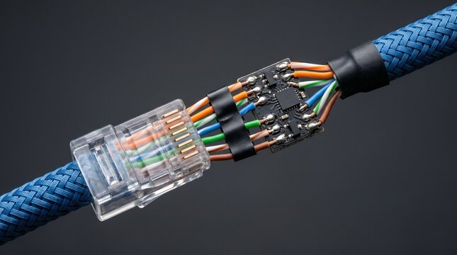 High-tech hardware hack on a blue braided ethernet cable with a hidden microchip for data interception and cyber espionage on a dark background