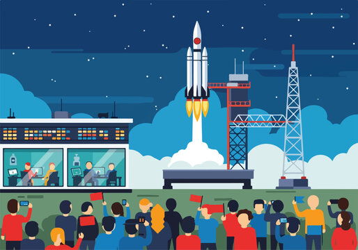 A rocket launches into a starry night sky as people watch