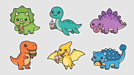 Cute kawaii dinosaurs eating food and drinks © Lukas
