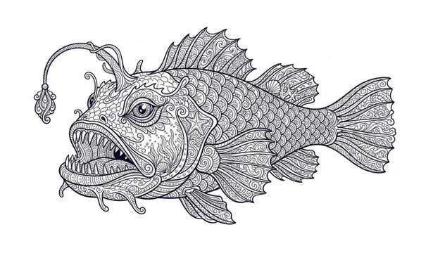 Creepy Monkfish Zentangle Coloring Page Vector Illustration