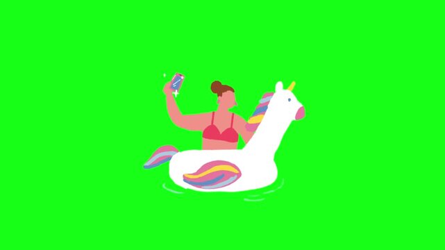 Animated Girl Surfing on Wave Green Screen