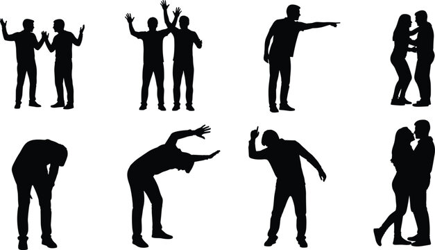 Silhouettes of people in emotional interactions, expressive human gestures artwork, creative vector illustration, modern design composition