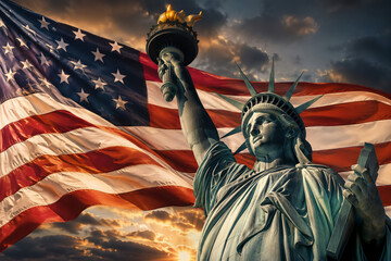 Obraz premium Statue of liberty against a large american flag at sunset