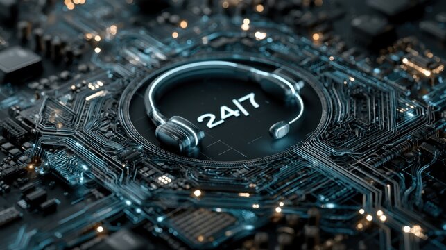 Creative design showing headset on circuit board with 247 text representing customer service technology in digital world