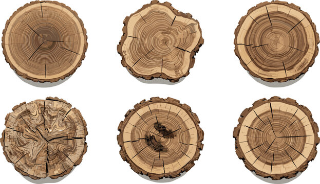 Cross-section of tree stumps showing different wood grain patterns isolated on white background