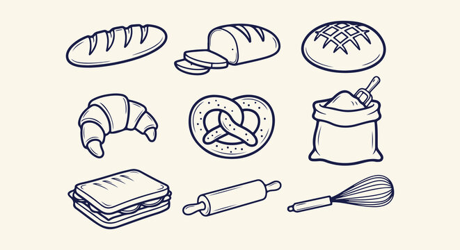 Bakery essentials and baking tools set vector illustration featuring various types of bread, pastries, and kitchen equipment for culinary designs