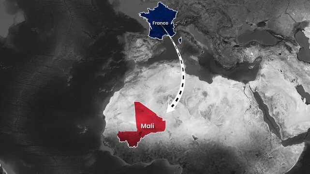 Animated map video showing travel route from France to Mali