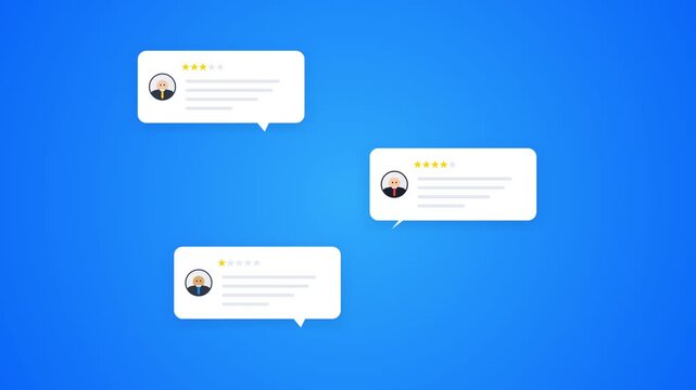 Animated customer review speech bubbles on blue background