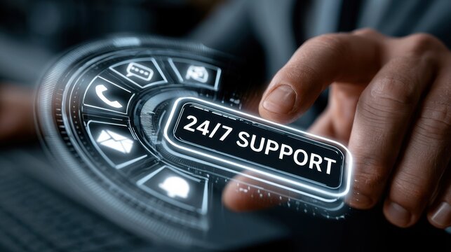 Hand pressing a button that shows 24/7 support on a digital interface for customer service in an office setting