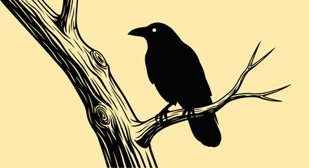 Detailed vector illustration of a mysterious black raven perched on a bare tree branch isolated on a warm cream background for artistic design © Manok Mas