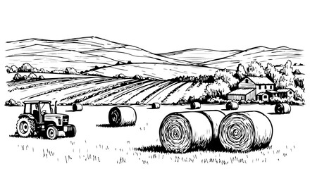 Countryside Farm Landscape With Tractor And Hay Bales Vector Illustration  © Manok Mas