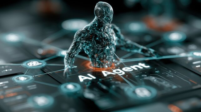 Robot interacts with data on a digital interface in a futuristic setting with glowing elements and network connections