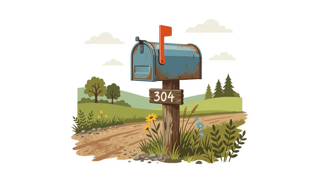 Rustic Mailbox with Number 304 on Rural Road, Countryside Landscape