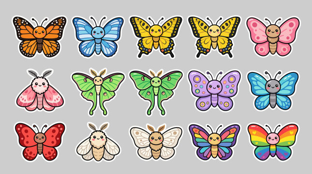 Cute insect collection colorful butterflies moths