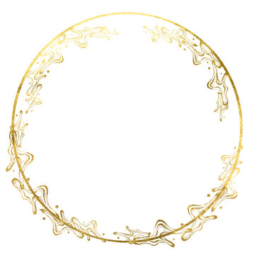 Gold Foil frame with gold ornament. Frame round. Brushstroke with gold. Watercolor brush stroke gold. Golden foil pieces flake. Old gold texture. Premium design, wedding, vip cover template.