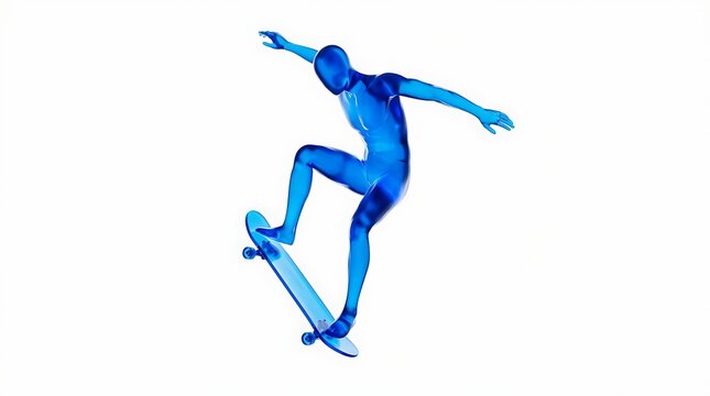 Transparent blue 3D model of a skater performing an aerial trick with skateboard