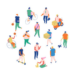 Fototapeta premium Isometric urban lifestyle people set with walkers, cyclists, delivery courier, robot, dog walker, scooter rider, gardener and casual couples isolated.