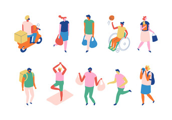 Fototapeta premium Isometric activity character set with scooter delivery, shoppers, wheelchair basketball, yoga, tourists, courier, runners and casual people isolated.