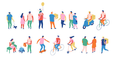 Fototapeta premium Isometric city lifestyle set with dog walking, couples, family, delivery, cyclists, scooter rider, robot and active outdoor people isolated.