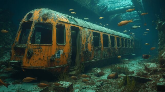 Abandoned underwater train wreck in eerie blue light