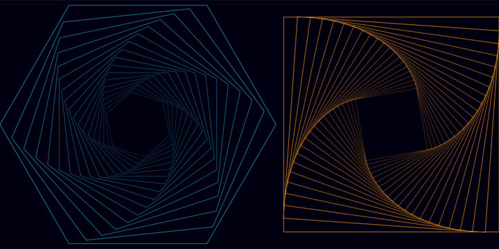 Set of abstract swirling figures. Vector colors 3d tunnel. Twisted wireframe lines. Curved symbols of sacred geometry.