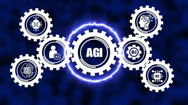 Agi artificial general intelligence concept with rotating gears and neural network for advanced technology, machine learning, and future computing solutions