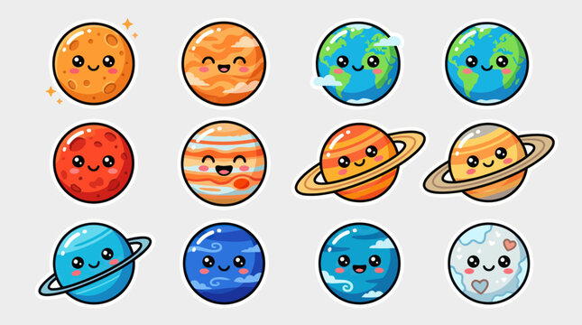 Cute cartoon planets with faces and expressions