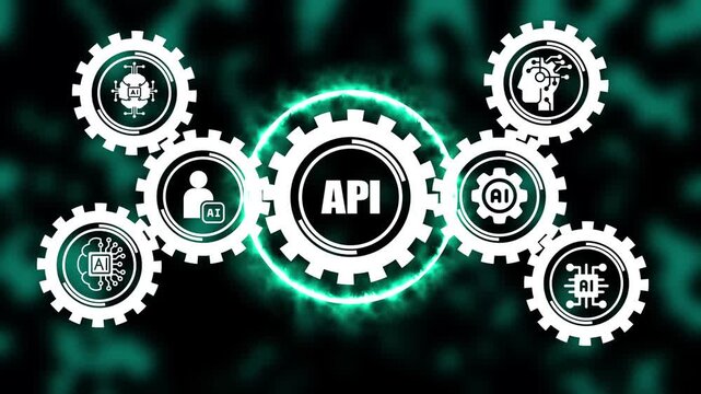 Api integration and artificial intelligence concept with rotating gears and digital network for software development and tech business solutions
