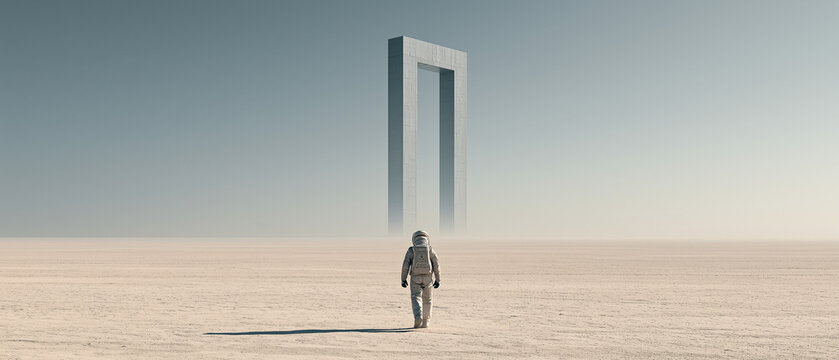 Lone Astronaut Crossing a Mirror Plain Toward a Floating Crescent