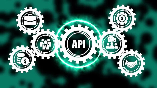 Api integration concept with rotating gear mechanism and business for digital transformation and software development technology solutions