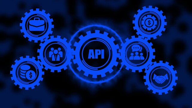 Api integration concept with rotating blue gear for software development, digital business strategy, and network connectivity solutions