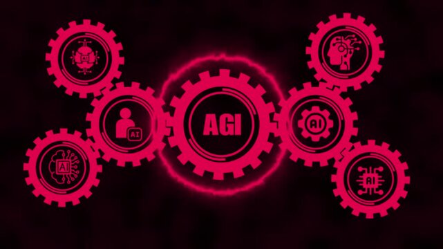 Artificial general intelligence agi concept with rotating gears and ai technology animation