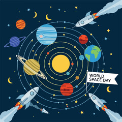 A vibrant solar system with planets, rockets, and stars © Mitri