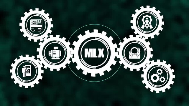 Machine learning mlx concept with rotating gear and digital network connectivity animation for advanced technology and artificial intelligence business solutions