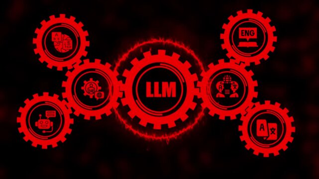 Llm large language model concept with rotating red gears and artificial intelligence for tech innovation and machine learning digital communication background