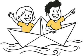 Happy children sailing in a paper boat on water