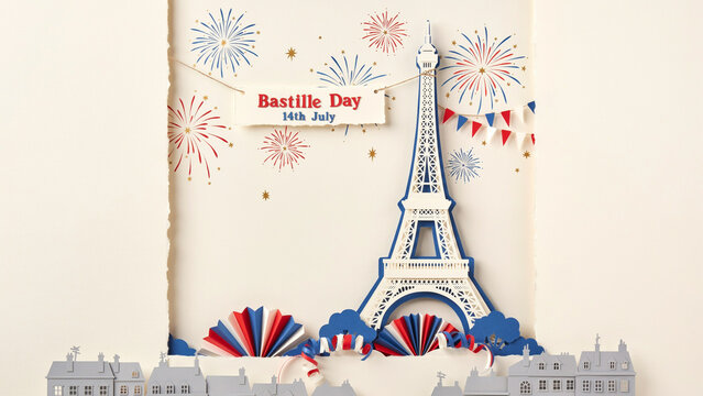 Paper cutout style bastille day isolated on white background, png product, clipping path ad, social media download, product banner template, event festive festival, 2026 2027 2028