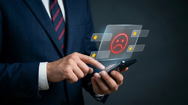Low rating survey results and bad reviews displayed on corporate smartphone
